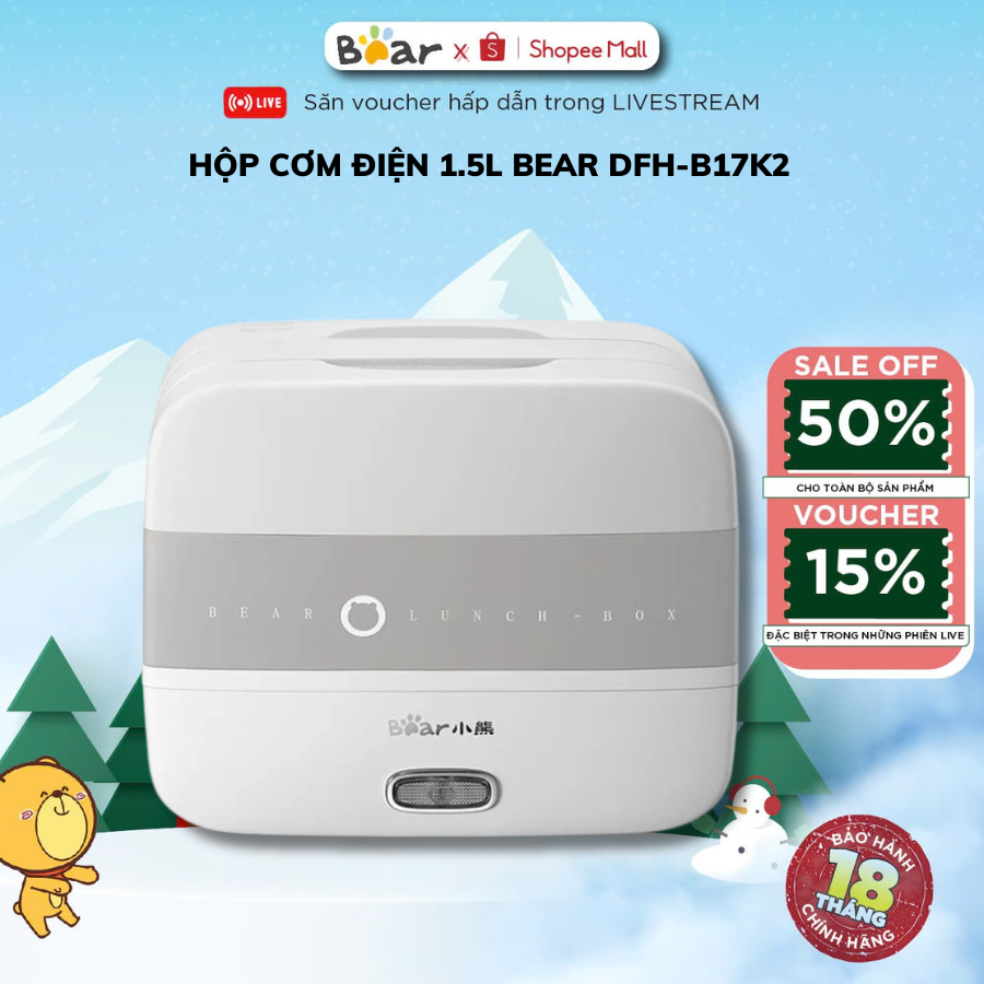 Hộp cơm cắm điện văn phòng 2 tầng 1.5L BEAR DHF-B17K2, 270W, Nấu cơm/hâm nóng kèm nắp, BH 18 Tháng