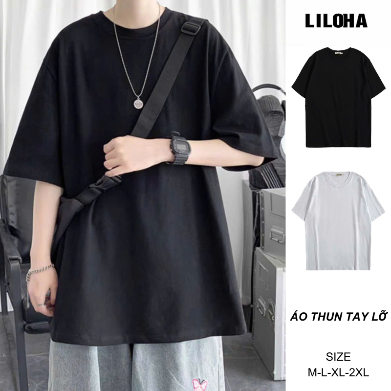(LILOHA) Áo Thun Tay Lỡ Unisex Màu Đen Basic – Form Rộng Oversize, Cotton Mềm Mịn, Mặc Đẹp Dễ Phối