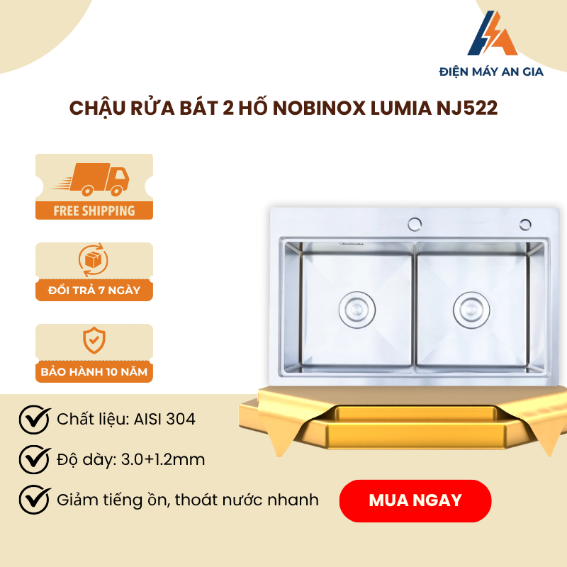 Chậu Rửa Bát NOBINOX LUMIA NJ522 – Inox 304 Cao Cấp – 2 Hố Cân – PEB