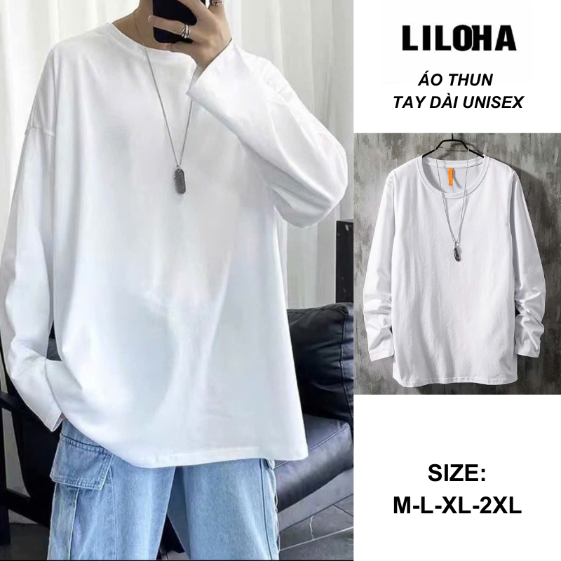 (LILOHA) Áo Thun Tay Dài Nam Màu Trắng – Form Rộng Oversize Cotton Dày Mềm Mịn Phong Cách Hàn Quốc
