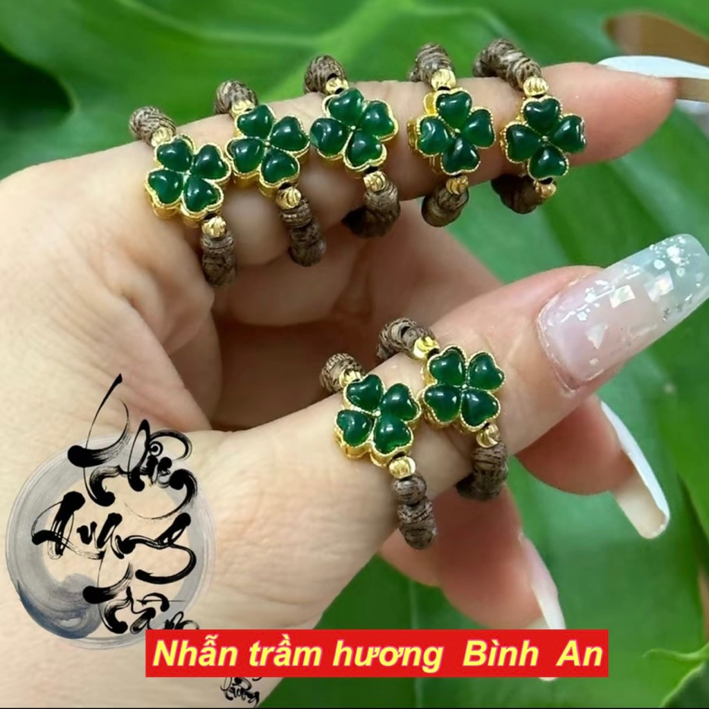 Nhẫn trầm hương mix cỏ 4 lá, nhẫn cỏ 4 lá may mắn bình an Unisex