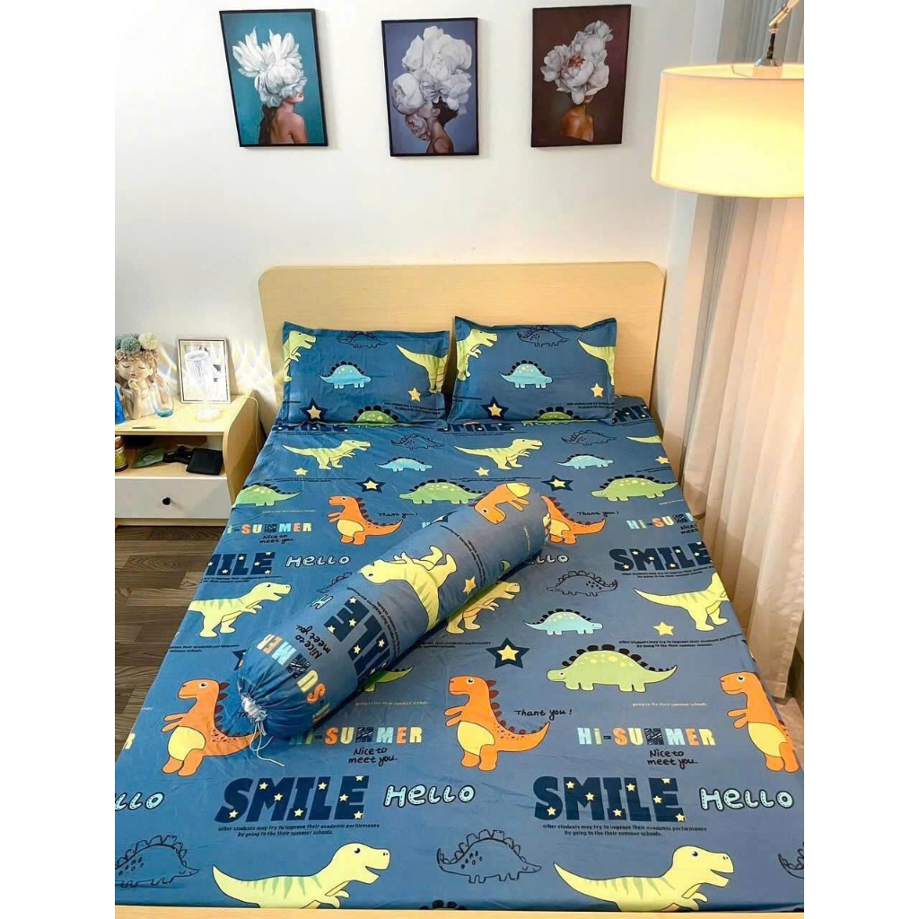 Bộ Ga Gối 3 Món Cotton Poly,Bọc Đệm 2–10cm, mẫu khủng long sao