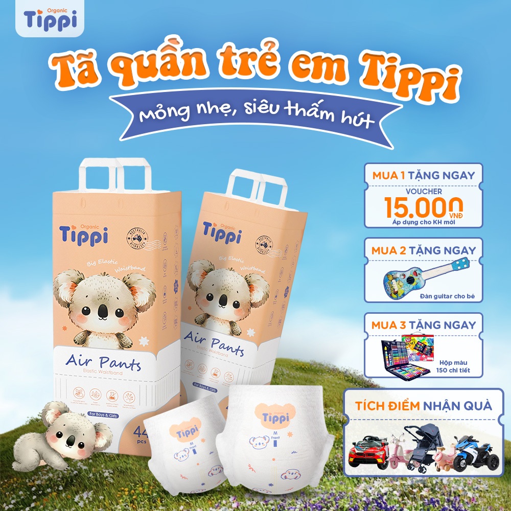 Bỉm Quần Tippi, Tã Quần cho bé siêu thấm, siêu mỏng, siêu nhẹ, size M/L/XL/XXL cho bé từ 9kg - 20kg