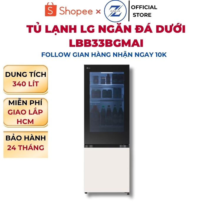 Tủ lạnh ngăn đá dưới Inverter LG 340L LBB33BGMAI - Bảo hành 24 tháng