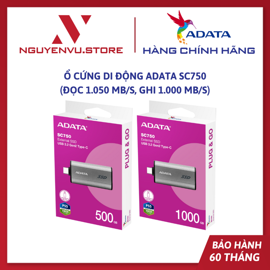 Ổ cứng di động Adata SC750, Đọc 1.050 MB/s, Ghi 1.000 MB/s - Hàng chính hãng