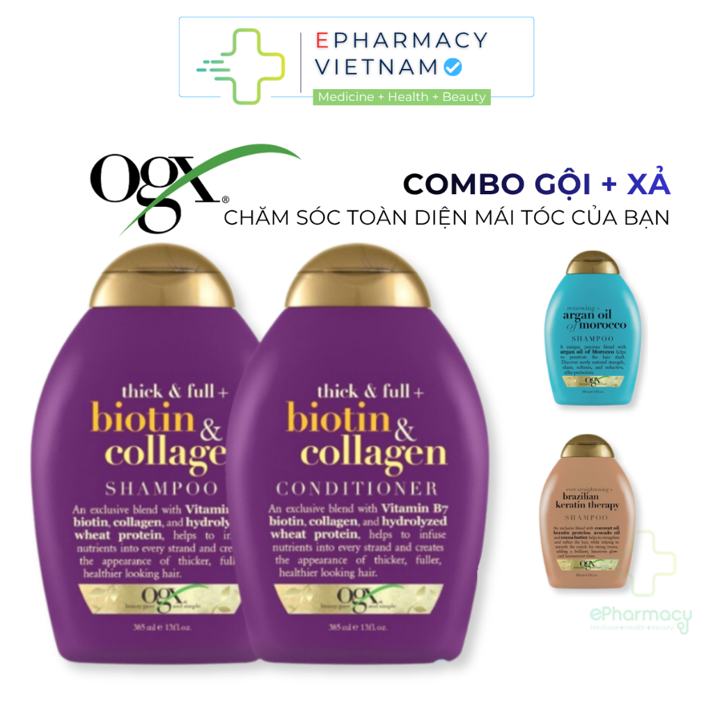 Combo 2 Chai Dầu Gội & Dầu Xả Tóc OGX Biotin & Collagen / Keratin / Argan Oil giúp tóc dày mềm mượt 