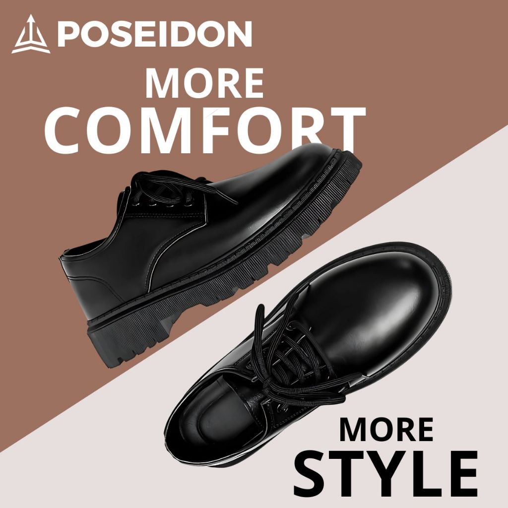 Giày Da Nam POSEIDON Giày Đốc Mũi Trơn Da Sít Đế Cao Su cao 3,5cm