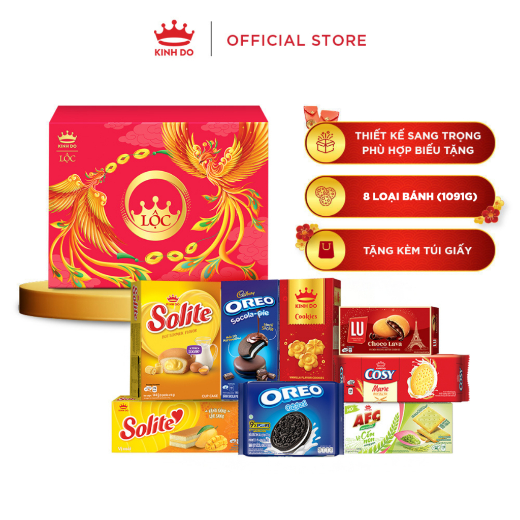 Hộp Bánh Cao Cấp Kinh Đô Tết 2026 Lộc Thịnh Vượng 1,091g - (có túi) 8 món