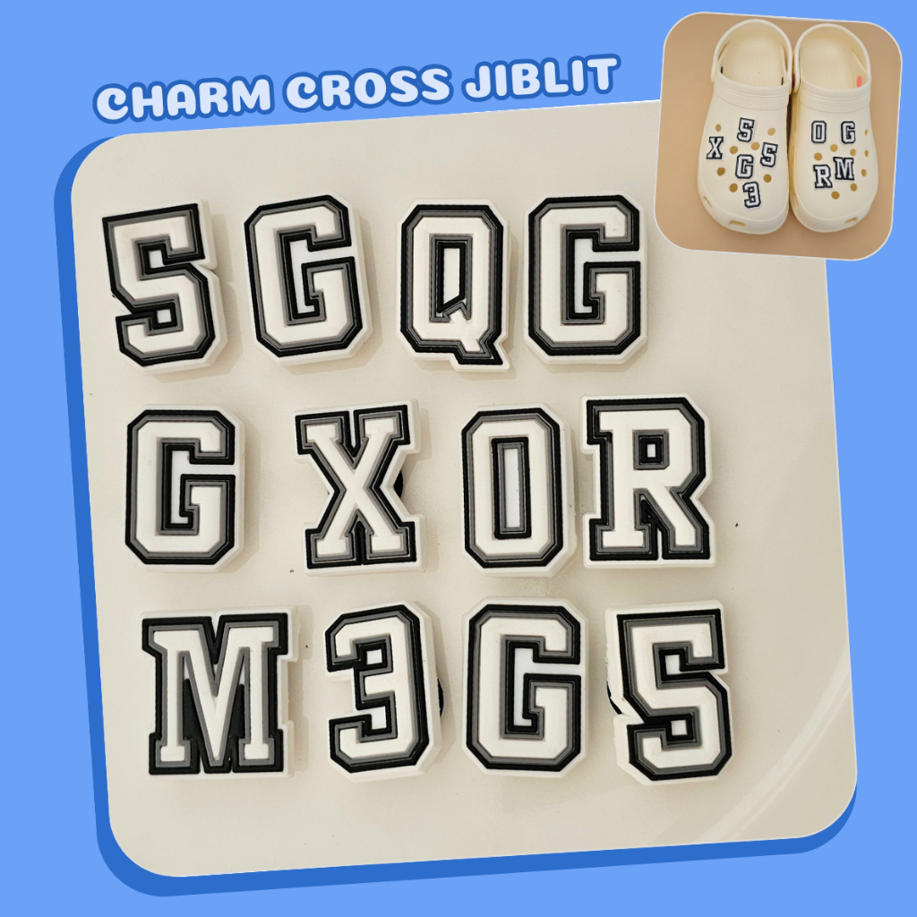 Charm sticker gắn cross mẫu chữ cái nền trắng viền đen sắc nét