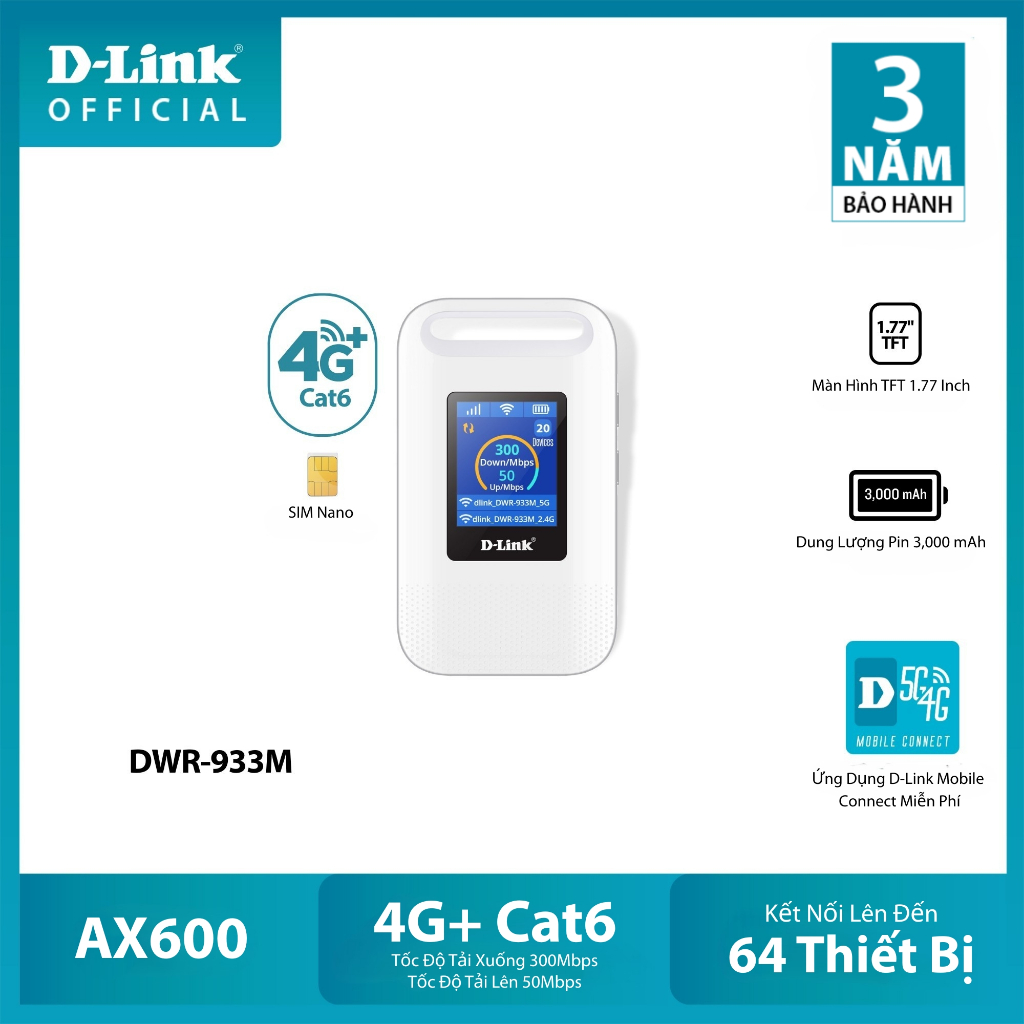 Bộ phát Wifi di động D-Link DWR-933M | 4G LTE | Wi-Fi 6 AX900 | MiFi Mobile Router | 3,000mAh