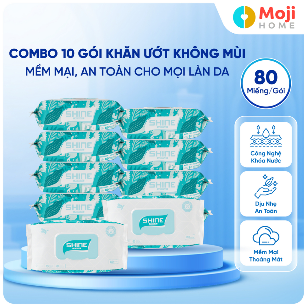 Khăn ướt không cồn Shine Active 80 miếng | Không parabens – Vải Spunlace mềm mại – An toàn da nhạy c