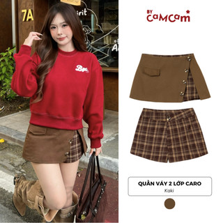  Quần Váy 2 Lớp Mặc 2 Kiểu Bycamcam Quần Giả Váy Kaki Phối Caro Màu Nâu Tôn Dáng CQA373 