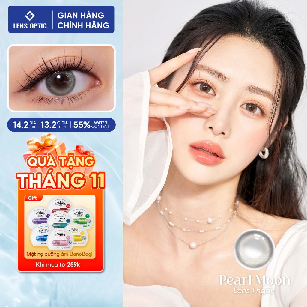 Kính áp tròng 1 ngày Clalen Iris màu xám PEARL MOON lens cho mắt cận chống uv Lens Optic