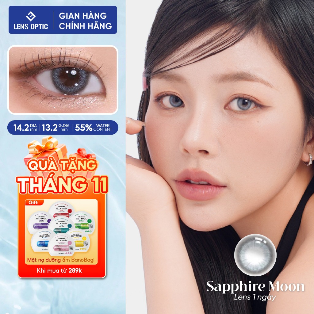 Lens áp tròng 1 ngày Clalen Iris kính cận màu Sapphire Moon xám xanh ánh trăng tự nhiên Lens Optic