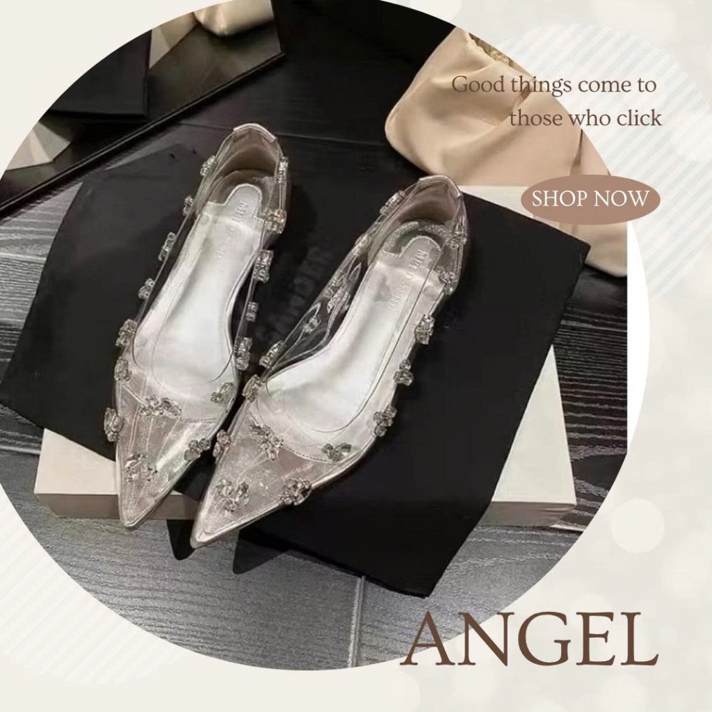  Giày Búp Bê Nữ Pha Lê Giày Nữ Pha Lê Trong Suốt Đính Đá Đế Đỏ Mũi Bịt 2CM Hàng Chuẩn Full Box - N06 