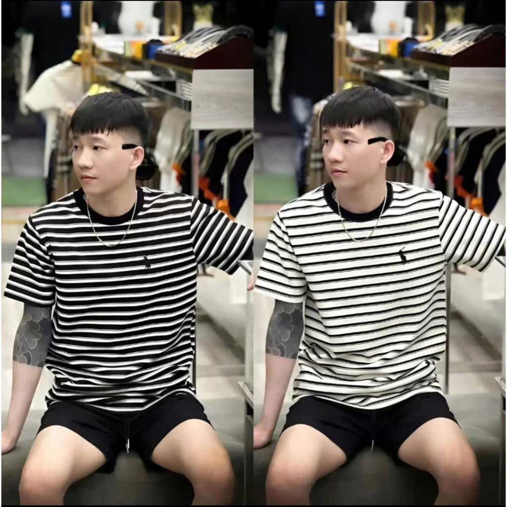 Áo thun cổ tròn tay ngắn Nam Nữ cặp đôi Kẻ Sọc ngang có thêu hì5nh ngựa hot hit hè new 2025