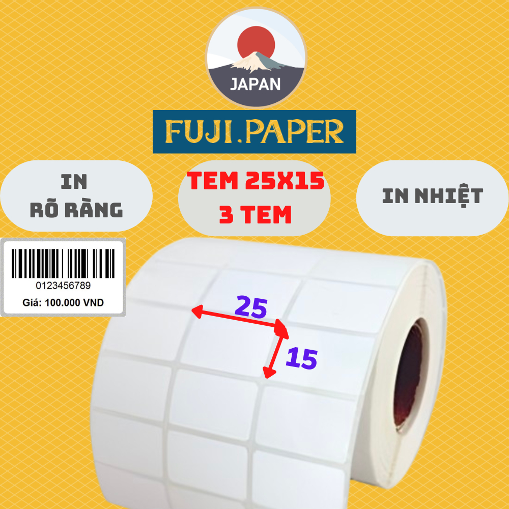 Giấy In Mã Vạch 3 Tem ( 25x15)  (Cuộn 6000 Tem) - Decal Nhiệt 3 Tem 25x15 mm , Cuộn 30m