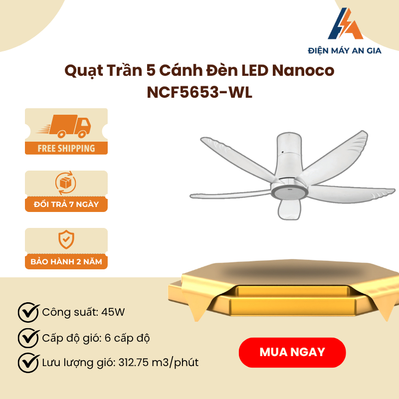 Quạt Trần Nanoco NCF5653-WL – 5 Cánh, Đèn LED, Động Cơ DC, Remote, Công Suất 69W – PEB