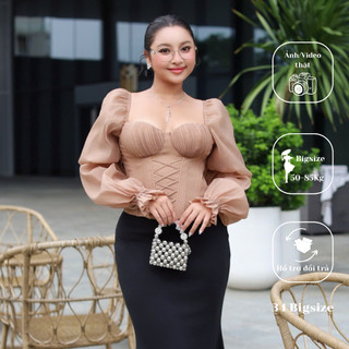  Áo Corset tay phồng 34AK056 áo kiểu bigsize cúp ngực tay phồng dáng corset đan dây có bo chun phù hợp dự tiệc 