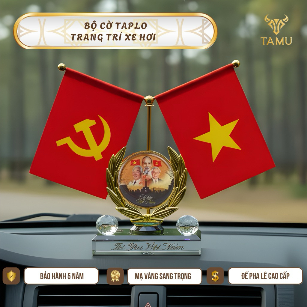 Bộ cờ Tổ Quốc trang trí taplo ô tô 3 vị lãnh tụ phiên bản cao cấp