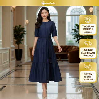  SWANLAKE | Váy Đầm Nữ Maxi Xếp Tầng Vải Tơ Cotton Trơn Cổ Tròn Cài Nút Dây Thắt Eo Công Sở D13042 