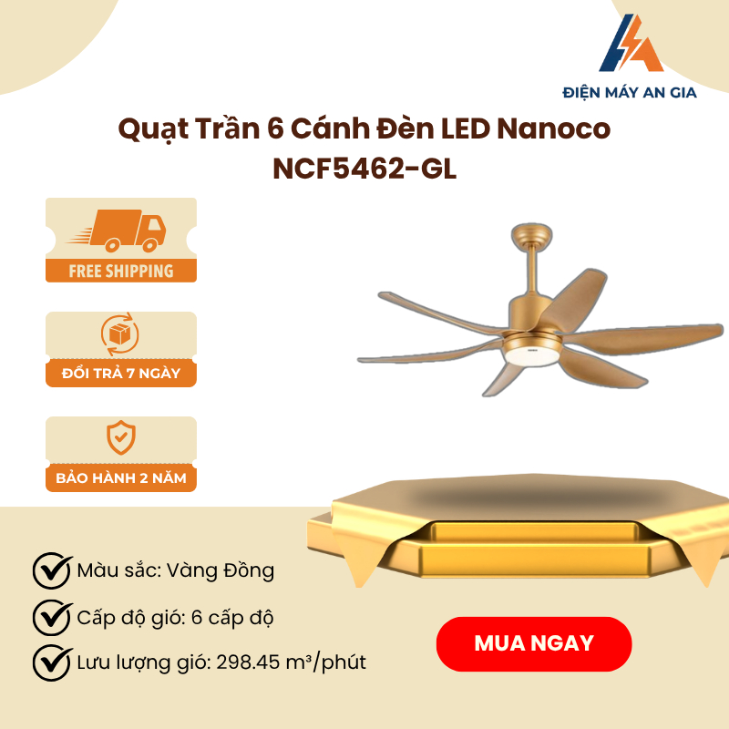 Quạt Trần Nanoco NCF5462-GL – 6 Cánh, Đèn LED, Động Cơ DC, Remote, Công Suất 69W – PEB