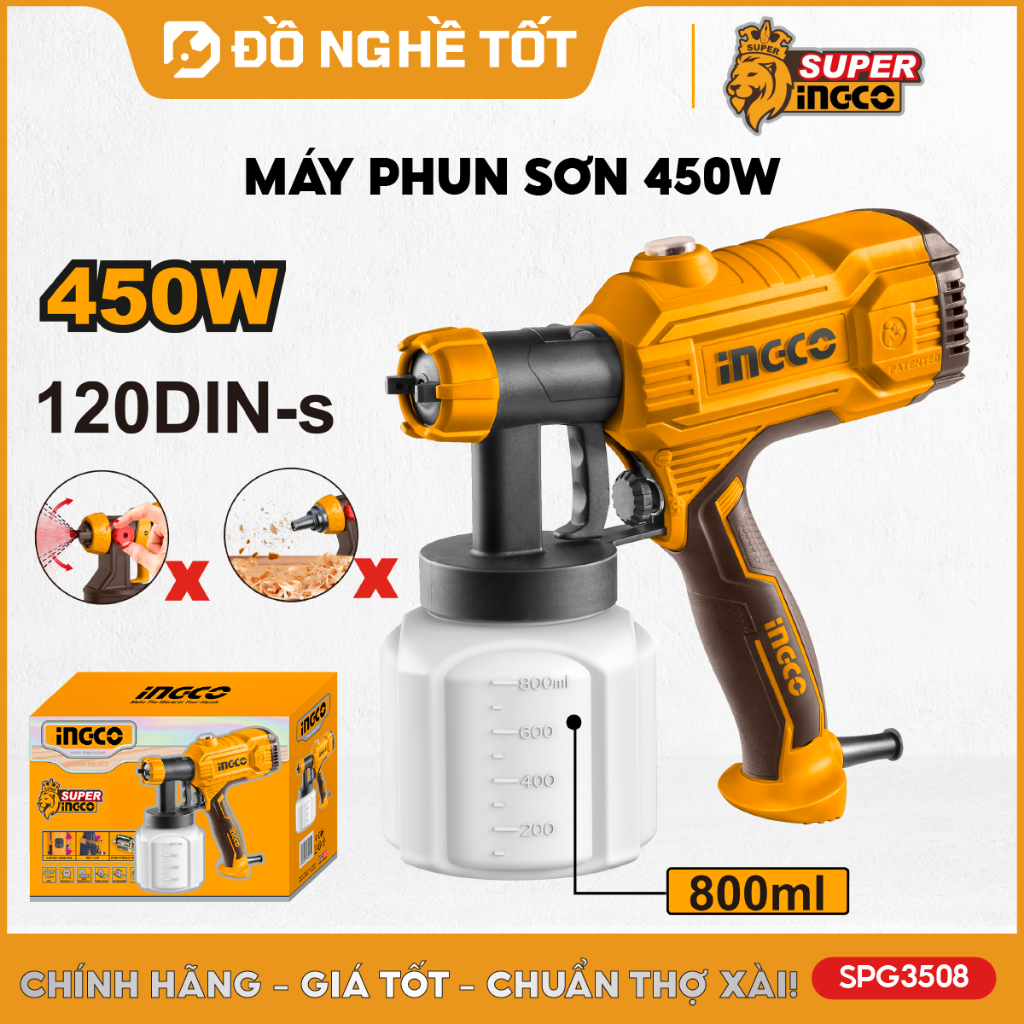 Máy phun sơn INGCO SPG3508 công suất 450W, sơn đều, mịn, thích hợp sơn hàng rào, nội thất gỗ, kim loại,..