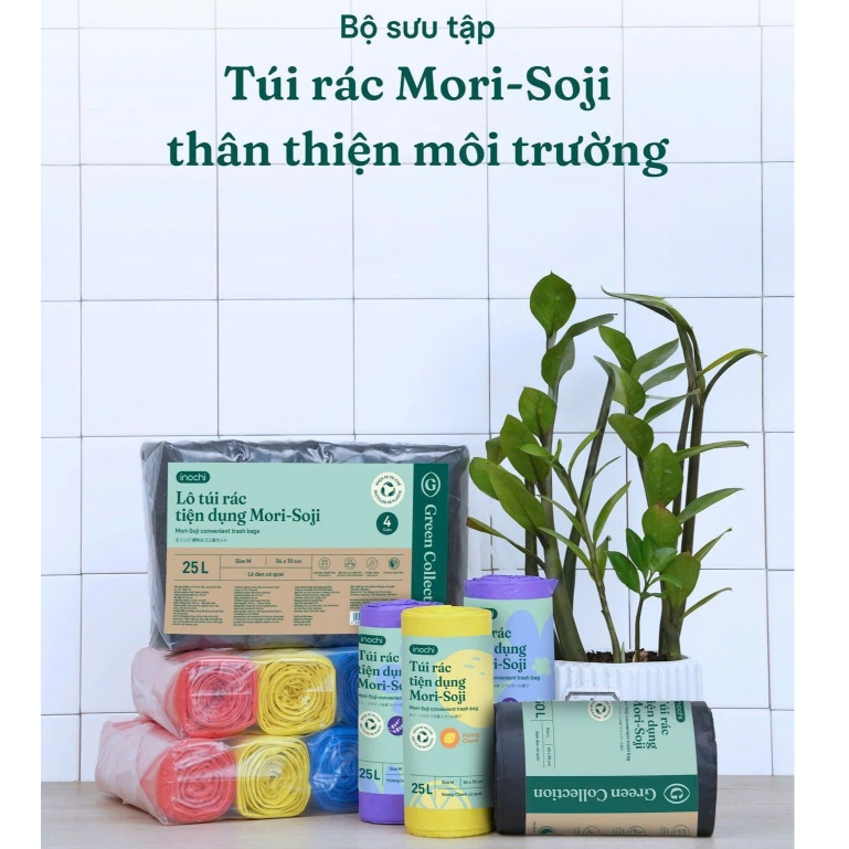 Lô 4 cuộn 140 túi rác tự hủy inochi, thiết kế quai xách tiện lợi, tự hủy sinh học ngăn mùi hôi.