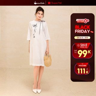  SWANLAKE | Váy Đầm Nữ Suông Vải Linen Cổ Thuyền Cột Nơ Tay Lỡ In Hoa Túi Công Sở Thanh Lịch D12384 