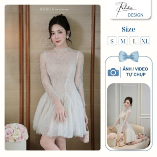  Váy tiểu thư dự tiệc Khâu Design váy thiết kế phối ren dáng ngắn xoè bồng dài tay phong cách sang trọng K982 