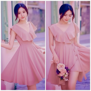 Đầm du lịch dạo phố màu hồng ruốc phối bèo dịu dàng (kèm hình thật)