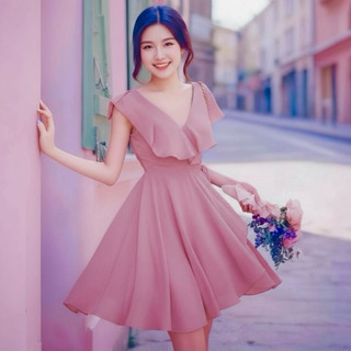 Đầm du lịch dạo phố màu hồng ruốc phối bèo dịu dàng (kèm hình thật)