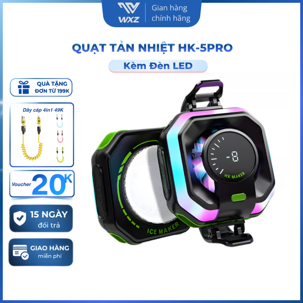 Quạt Tản Nhiệt Điện Thoại HK-5 Pro Sò Lạnh AI Êm , Quạt Gaming Led RGB Làm Mát
