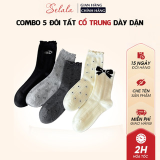  Combo 5 đôi tất chân nữ cổ trung Selala dày dặn họa tiết chấm bi tim nơ TC33 