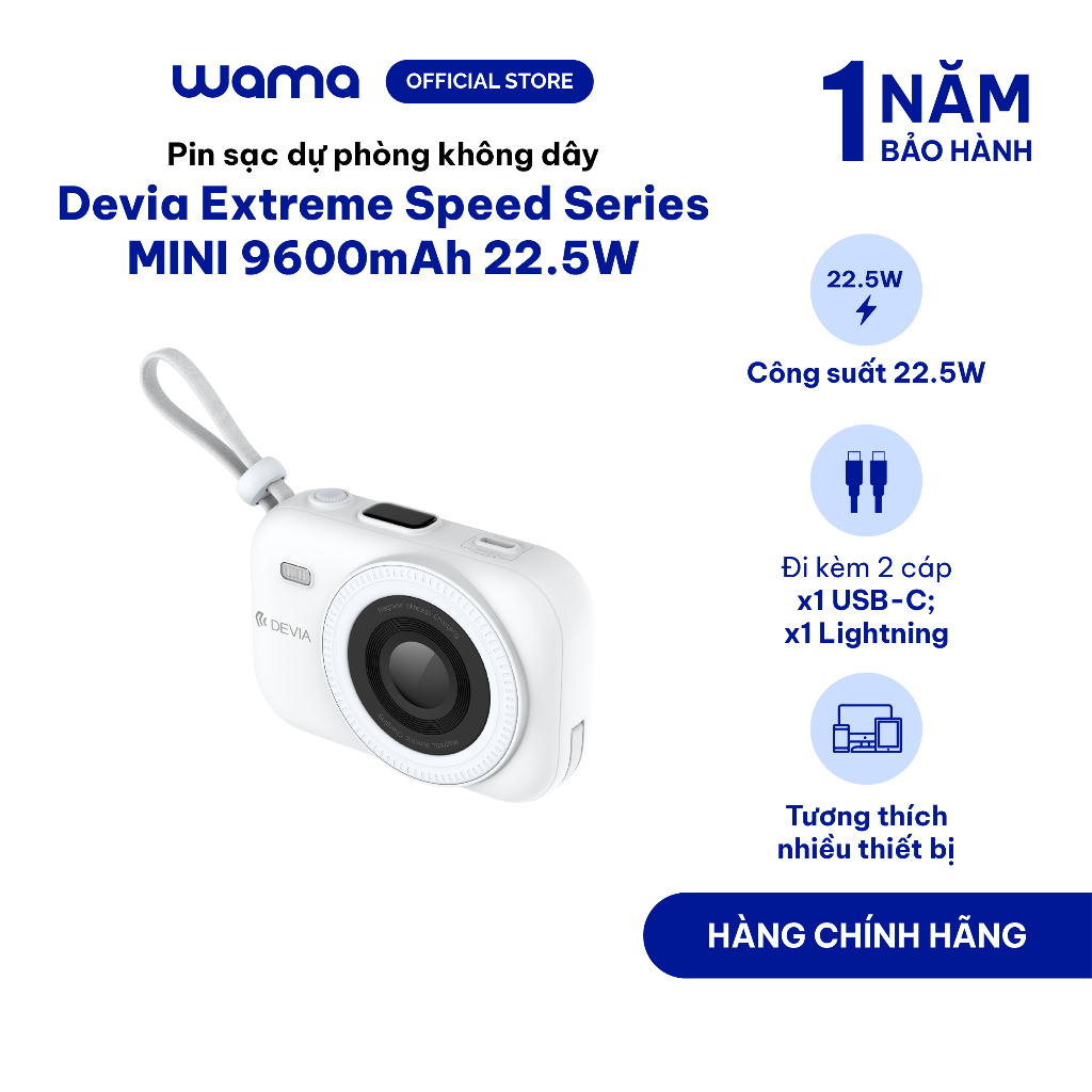 Pin sạc dự phòng không dây Extreme Speed Series MINI 9600mAh 22.5W với 2 Cáp EP199 màu trắng Devia