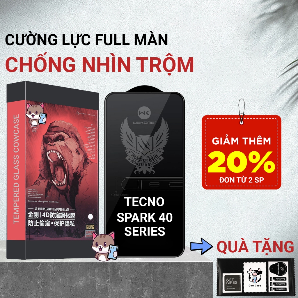 Cường lực Tecno Spark 40, 40C, 40 Pro, 40 Pro Plus chống nhìn trộm full màn | Miếng dán kính bảo vệ 