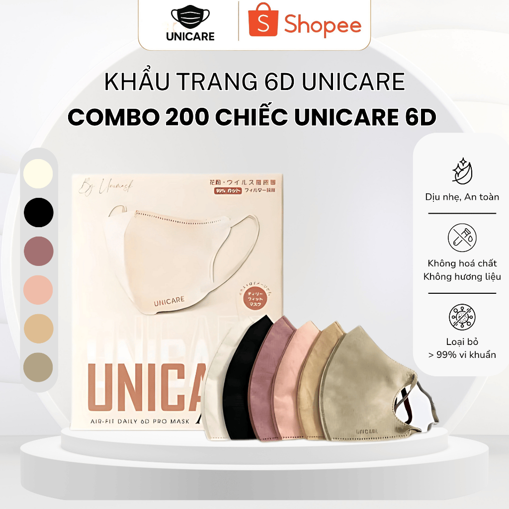 Thùng 200 Chiếc khẩu trang 6D Unicare ProMask, 3 lớp kháng khuẩn, chống tia UV, ngăn ngừa bụi mịn