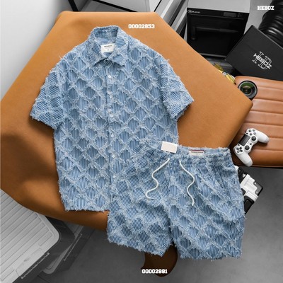 [ÁO BOXY - QUẦN RELAX] Set bộ nam denim jacquard sọc ngắn tay HEBOZ 2M - 00002853 & 00002881