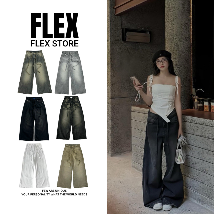 Quần Jean Ống Rộng Nam Nữ Phối Dây - SMOKE LOOSE PLEAT WIDE JEANS - UBTQ017 - FLEX STORE