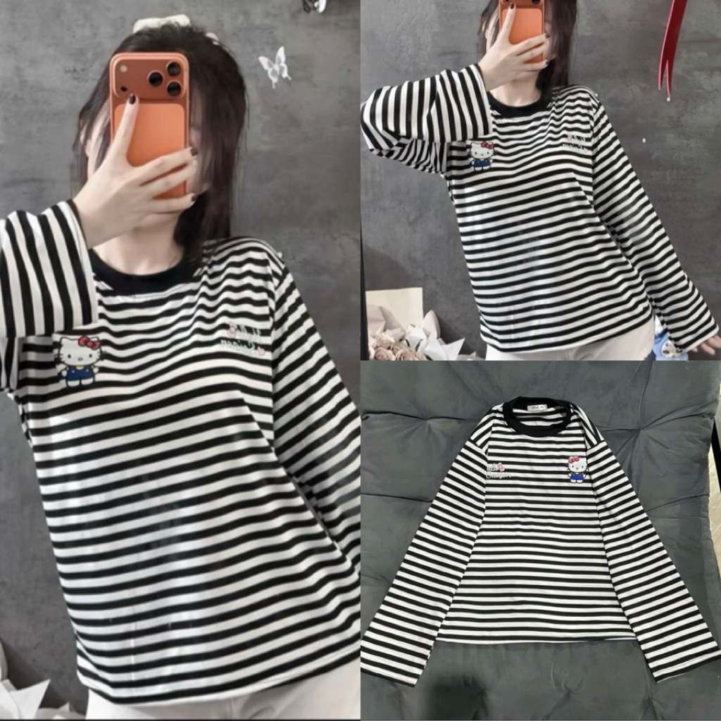 Áo Thun Nữ , Áo Thun Kẻ Tay Dài In Hình SaiGonn