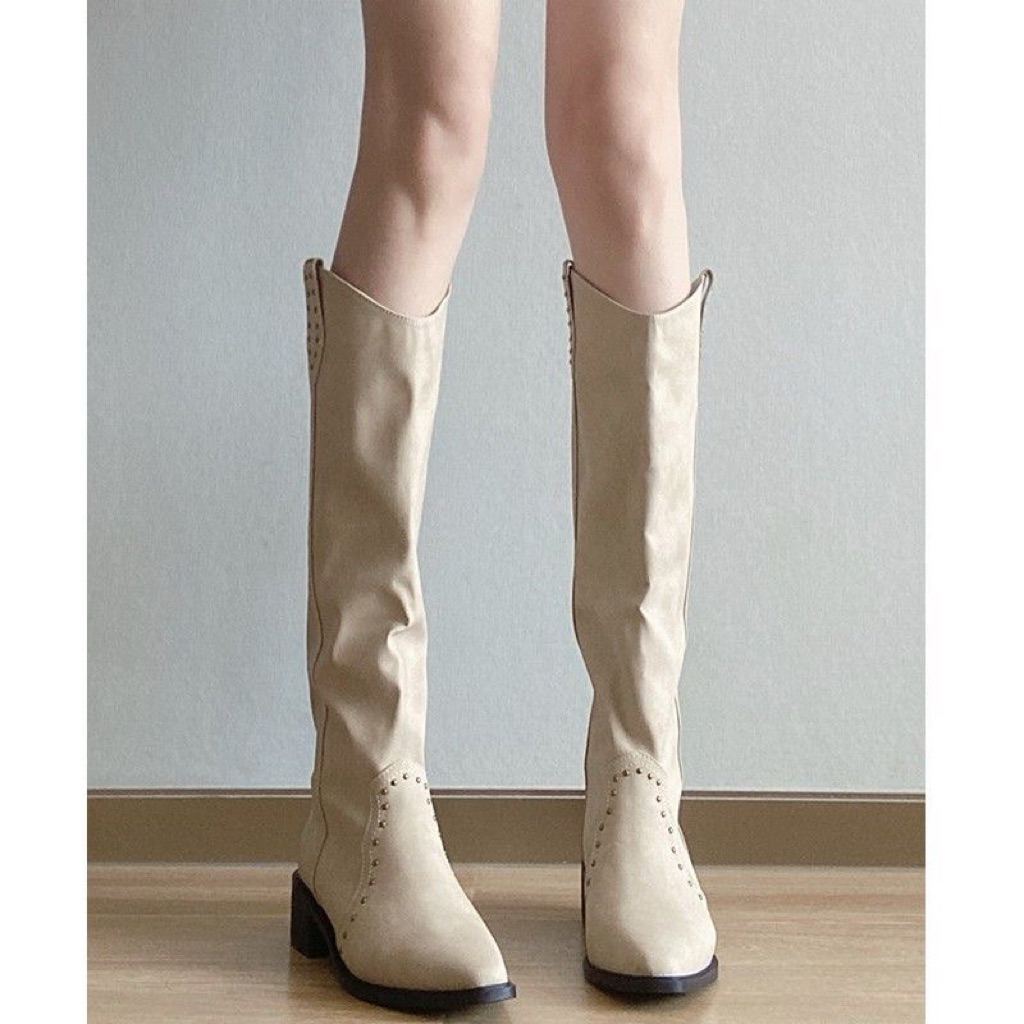 Giày boot nữ cao cổ mũi nhọn cổ V cao bồi style cá tính