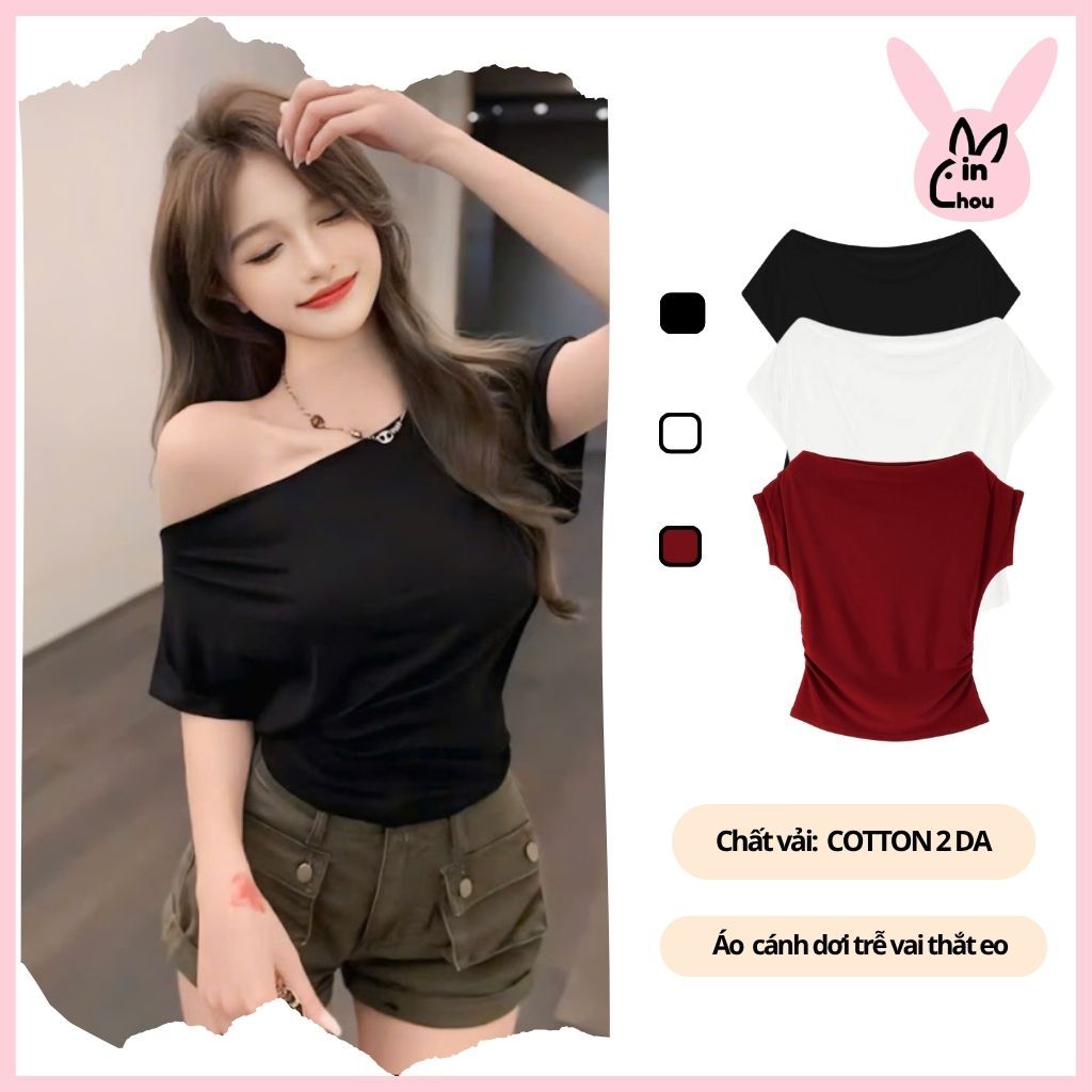 Áo lệch vai ngắn tay MINCHOU áo kiểu cánh dơi tay rộng thiết kế trẻ trung phong cách hàn quốc TN13MC