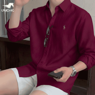  Áo Sơ Mi Nam Tay Dài Màu Đỏ Thêu Ngựa Cao Cấp Mã Đáo Thành Công Vải LINEN & OXFORDThấm Hút Cực Tốt SMMDTC333 Unichic 