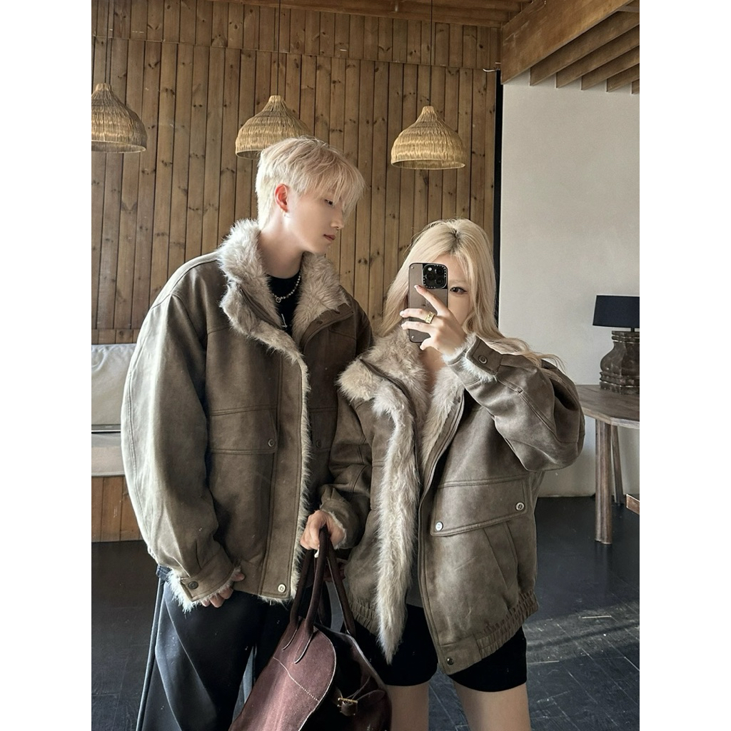 ÁO KHOÁC DA LỘN PHỐI LÔNG CAO CẤP – ÁO KHOÁC LÓT LÔNG 2 LỚP UNISEX COUPLE SIÊU ẤM DÁNG OVERSIZED