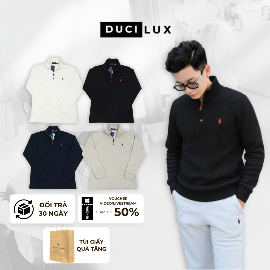 Áo Sweater Quarter-Zip Ralph Lauren Thêu Ngựa - Áo Khoác Half-Zip Vải Nhung Tăm Dệt Dày Dặn - DUCI