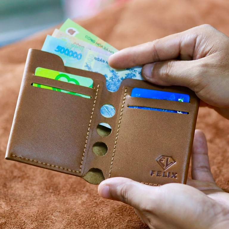 Ví da bò Thật dáng đứng FL01, Bóp da chế tác thủ công, đường chỉ khâu tay nhiều ngăn cao cấp