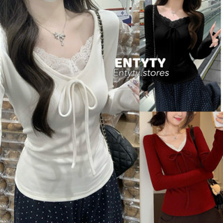  Áo Thun Nữ Dây Nơ Cổ Ren Quảng Châu Tay Dài Áo Tay Dài Nữ Phối Ren Cổ - 4B 