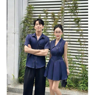   Tặng vòng tay chỉ đỏ  Set đôi sơmi nam đầm nữ nhung Hàn giả denim chỉ trắng siêu stylish 