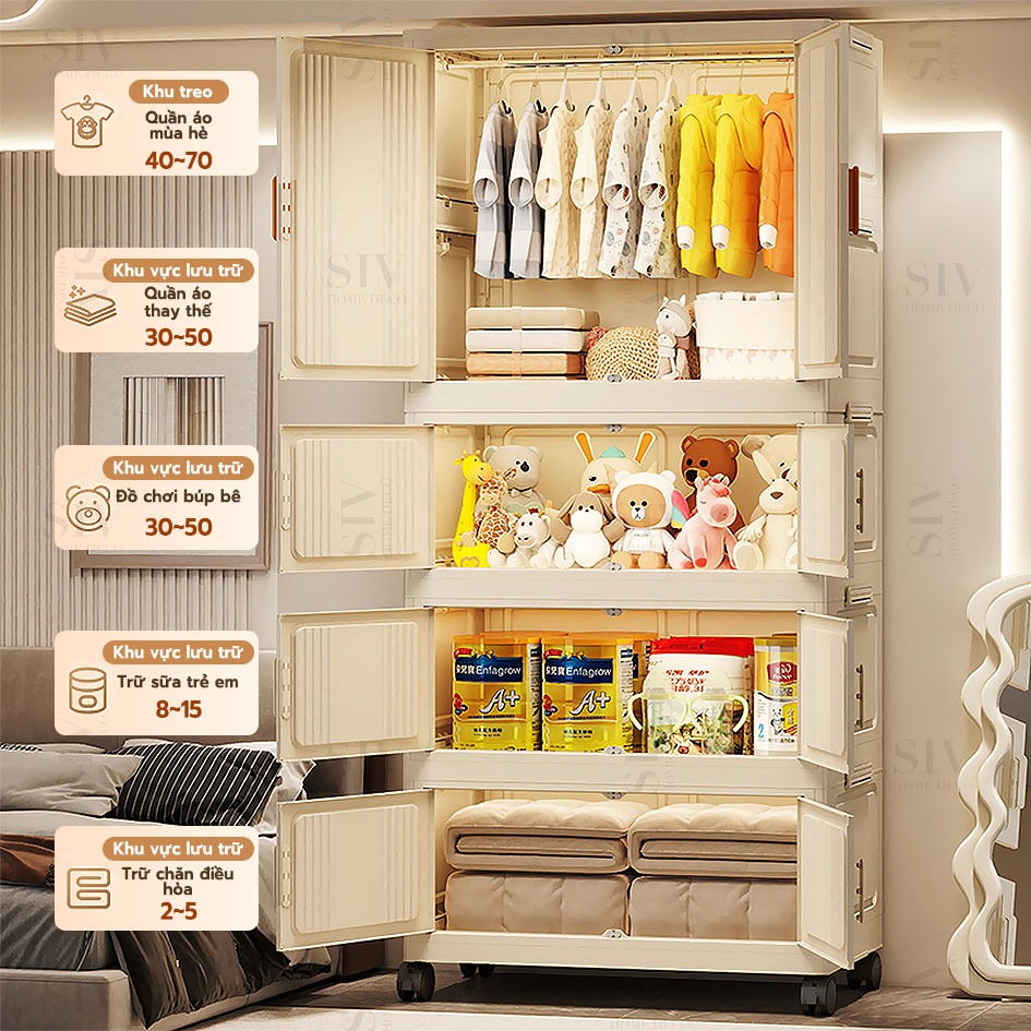 【Rộng 80cm】 SIV Tủ Quần Áo Gấp Gọn Có Ngăn Treo Trẻ Em, Đựng Đồ Đa Năng Thông Minh, Tháo Lắp Dễ Dàng, Nhựa PP | BigBuy360 - bigbuy360.vn