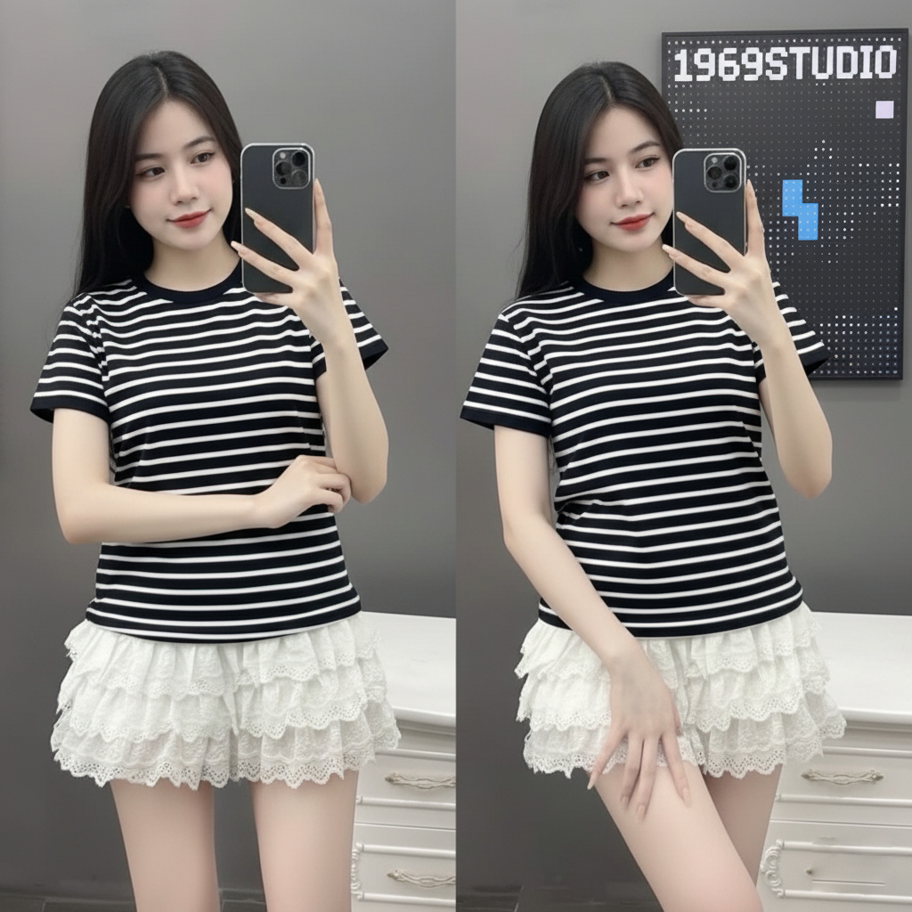 Áo Thun Babytee Sọc Borip Trơn 1969STUDIO - Áo Thun Form 35-70kg, áo thun nữ phom vừa cổ tròn,BBT01